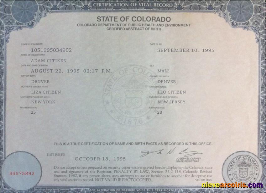 USA Colorado state birth certificate